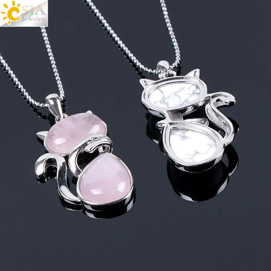 Cat Shape Natural Stone Necklaces With Beads Chain