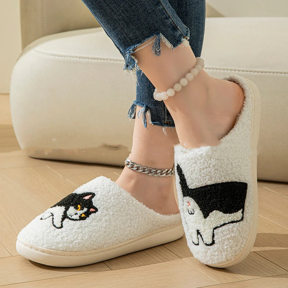 Plush Cotton Slippers For Women - Black Cat Design