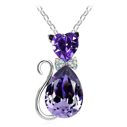 Heart Crystal Cat Pendant Necklace