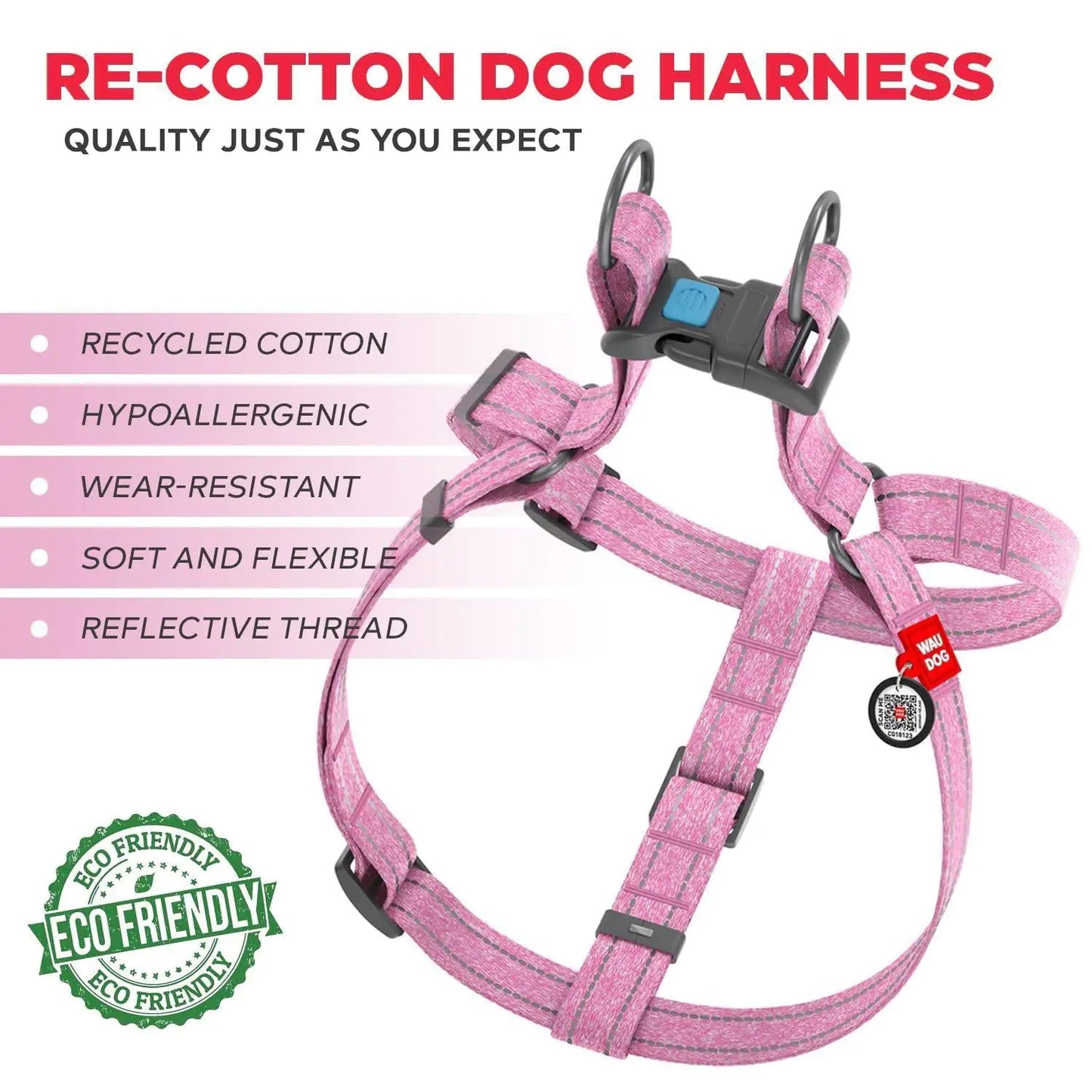 Dog's Pink Cotton Harness Eco Friendly Adjustable for Medium Dogs