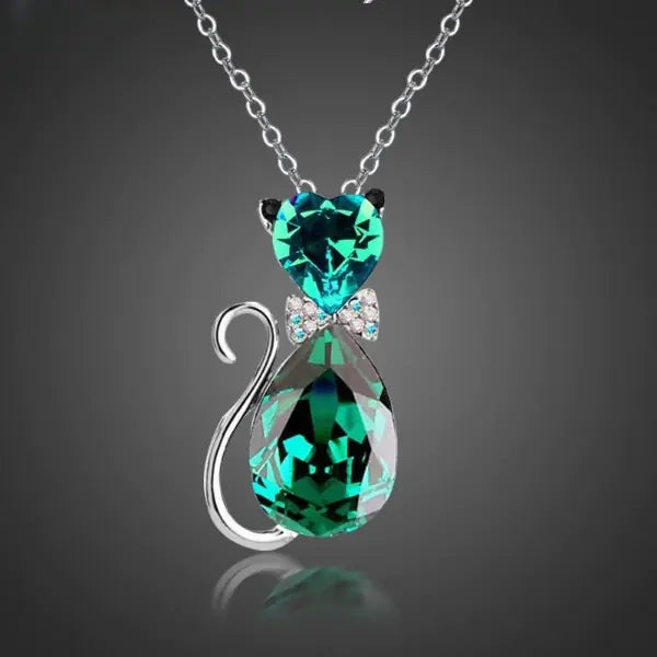 Heart Crystal Cat Pendant Necklace