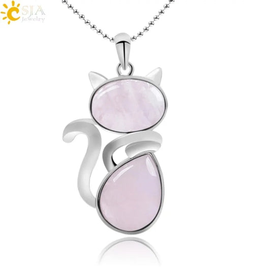 Cat Shape Natural Stone Necklaces With Beads Chain