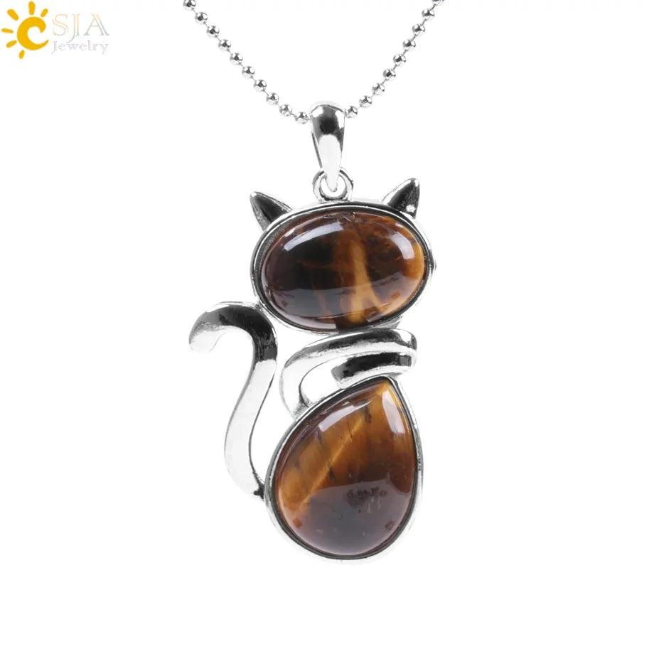 Cat Shape Natural Stone Necklaces With Beads Chain