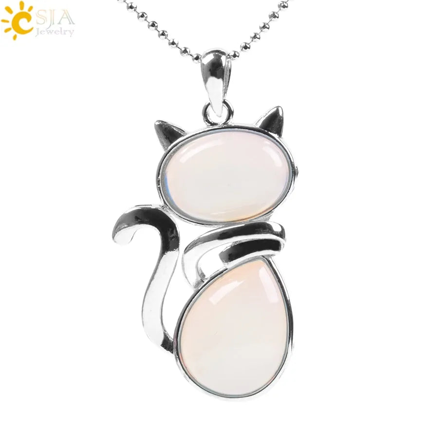 Cat Shape Natural Stone Necklaces With Beads Chain