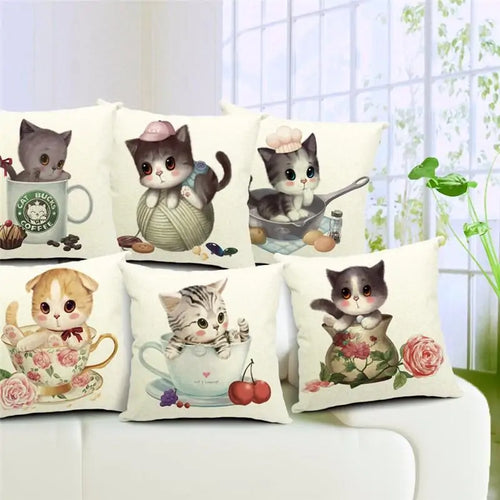 Cute 3D Retro Teacup Cat Cushion Covers