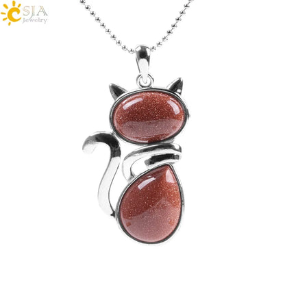 Cat Shape Natural Stone Necklaces With Beads Chain