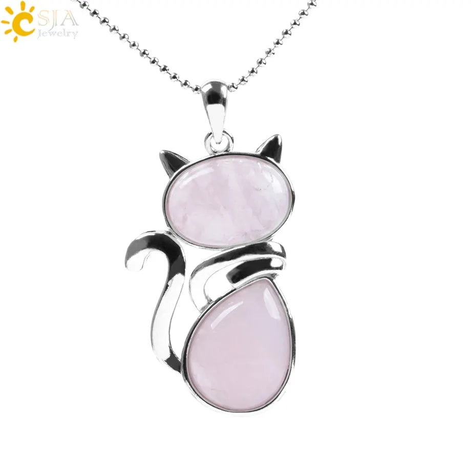 Cat Shape Natural Stone Necklaces With Beads Chain