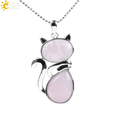 Cat Shape Natural Stone Necklaces With Beads Chain