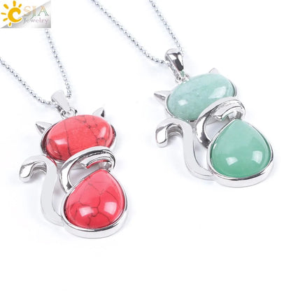 Cat Shape Natural Stone Necklaces With Beads Chain