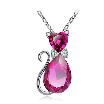 Heart Crystal Cat Pendant Necklace